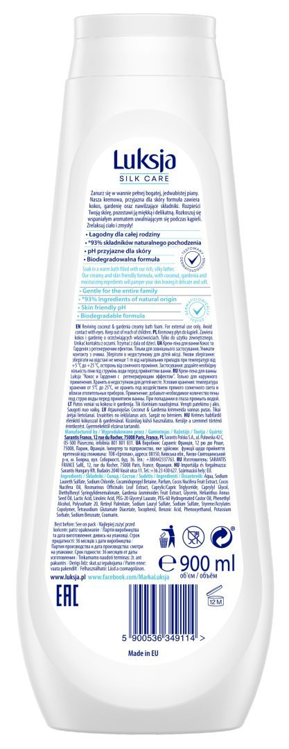 Luksja Silk Care Kremowy płyn do kąpieli orzeźwiające kokos i gardenia 900 Luksja Silk Care Kremowy płyn do kąpieli orzeźwiające kokos i gardenia 900