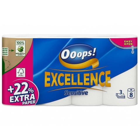 OOOPS! Excellence Sensitive papier toaletowy 8 rolek 3-warstwowy