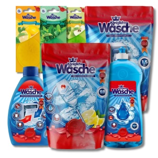 Königliche Wäsche Zestaw do zmywarki - Tabletki 68 szt., Sól 1,5 kg, Nabłyszczacz 1l, Czyścik 250ml, 3x Zapach