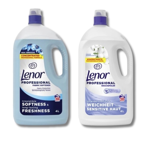 Zestaw płynów do płukania Lenor Professional 2w1 400 płukań 2 x 4 l Sensitive Kwiat Bawełny + Morska Bryza