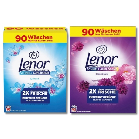 Zestaw proszków do prania Lenor 2w1 180 prań Color Amethyst Blütentraum + Universal Aprilfrisch 2 x 4,95 kg